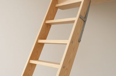 Close-up of a wooden loft ladder showcasing natural wood grain and design