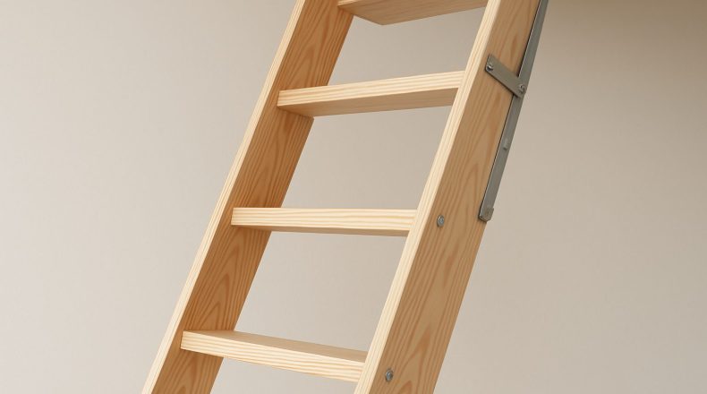 Close-up of a wooden loft ladder showcasing natural wood grain and design